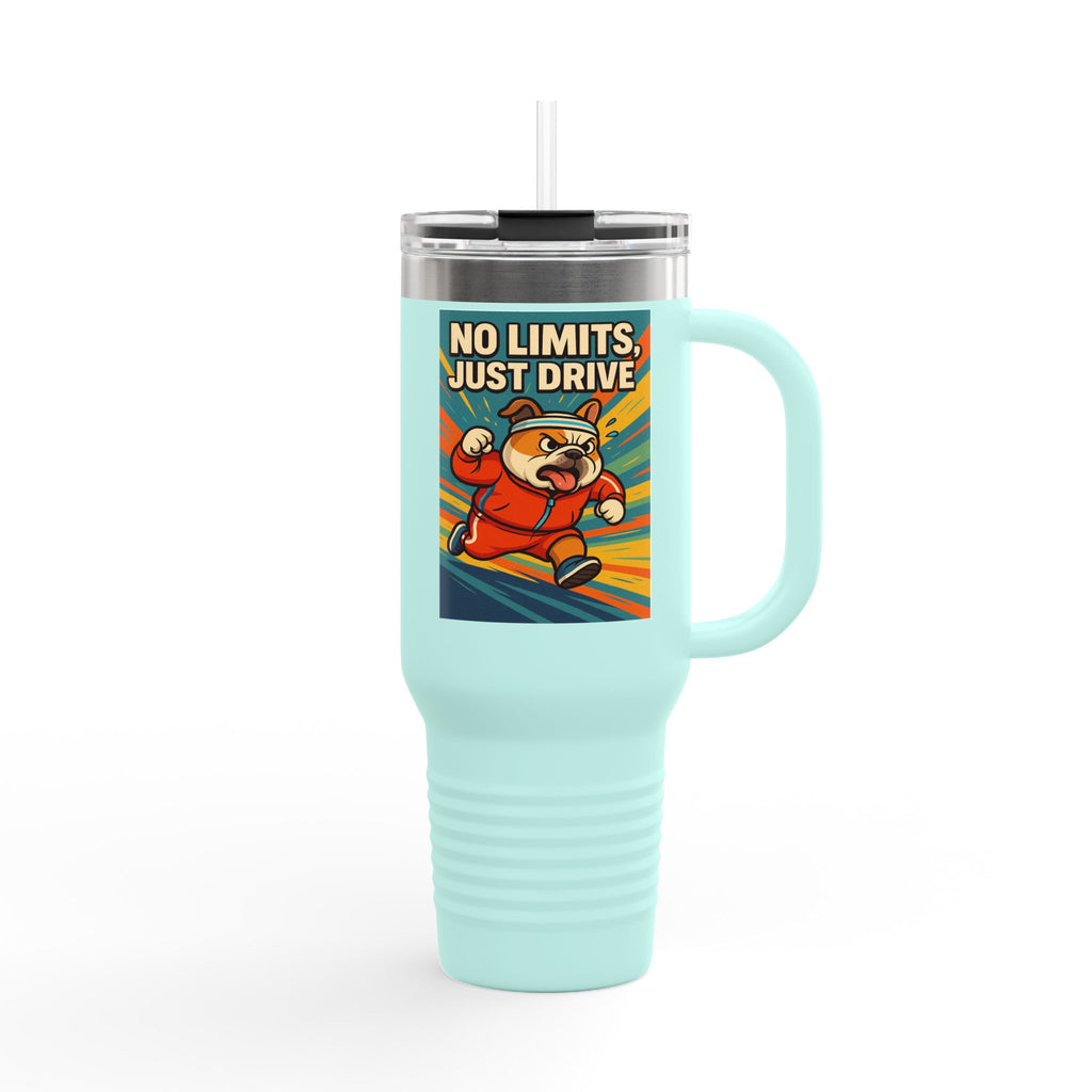 Adventure-Ready English Bulldog Insulated Travel Mug-Perfect for Travel, Outdoor Activities, Motivational Gift, No Limits Just Drive Design