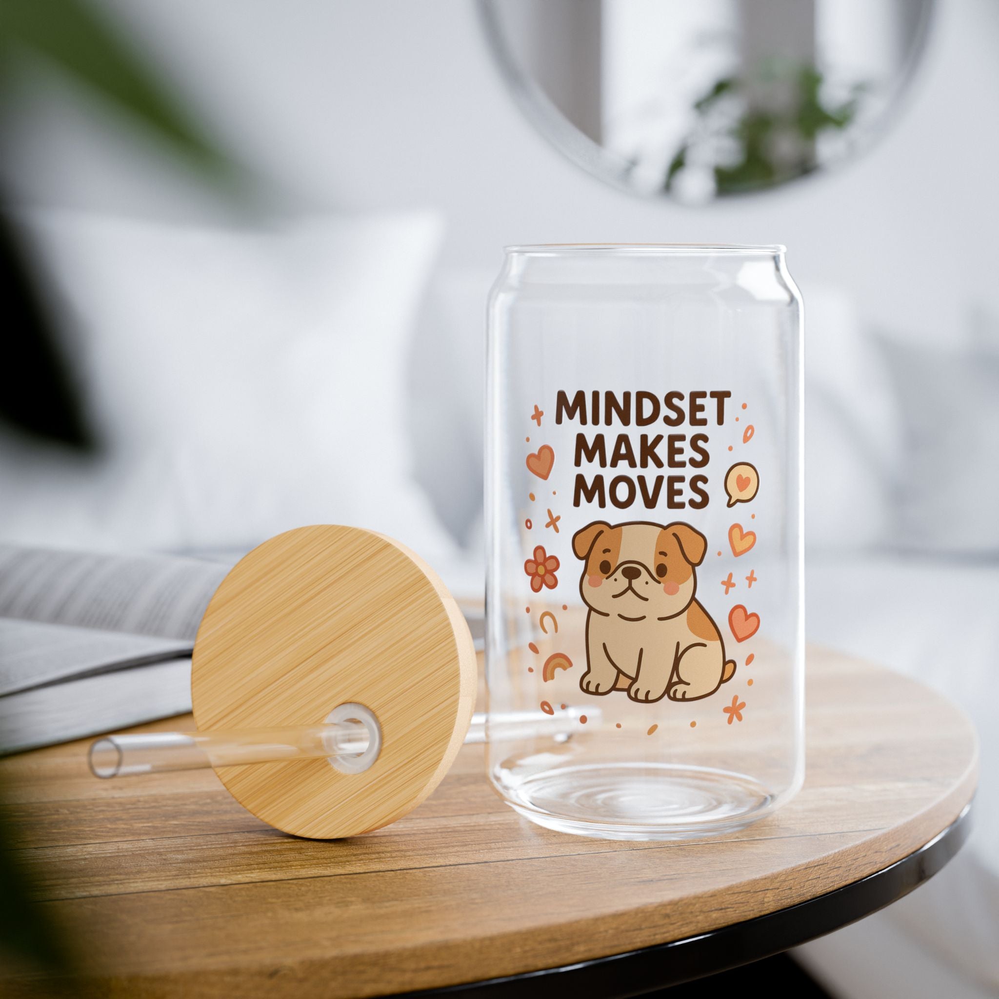 Mindset Makes Moves 16oz Sipper Glass – Cute Pug Motivational Drinking Tumbler