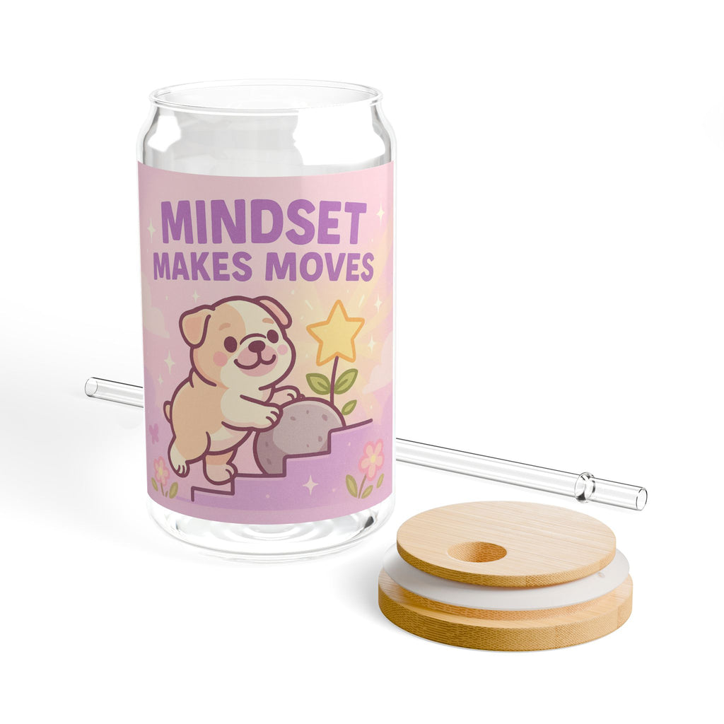 Motivational Sipper Glass “Mindset Makes Moves” Cute Puppy 16oz