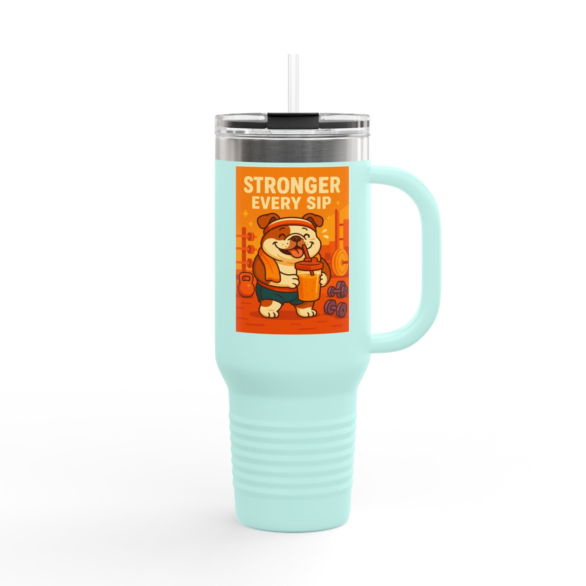 Stronger Every Sip Insulated Travel Mug, 40oz | Funny Bulldog Travel Cup, Coffee Mug, Beverage Tumbler, Gift for English Bulldog Lovers