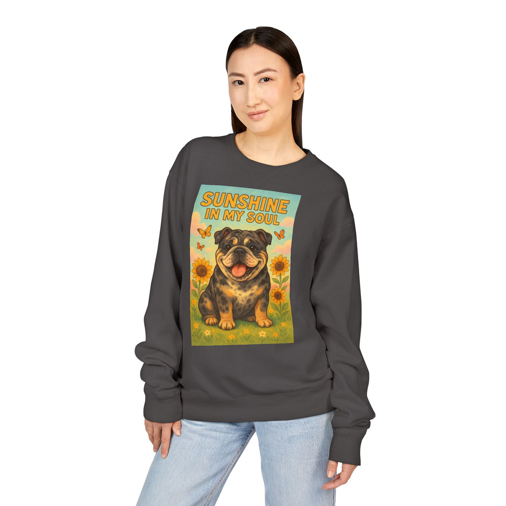 Sunshine in My Soul Sweatshirt, Cozy Unisex Crewneck, English Bulldog Lover Gift, Cute Pet Apparel, Vintage Floral Sweatshirt