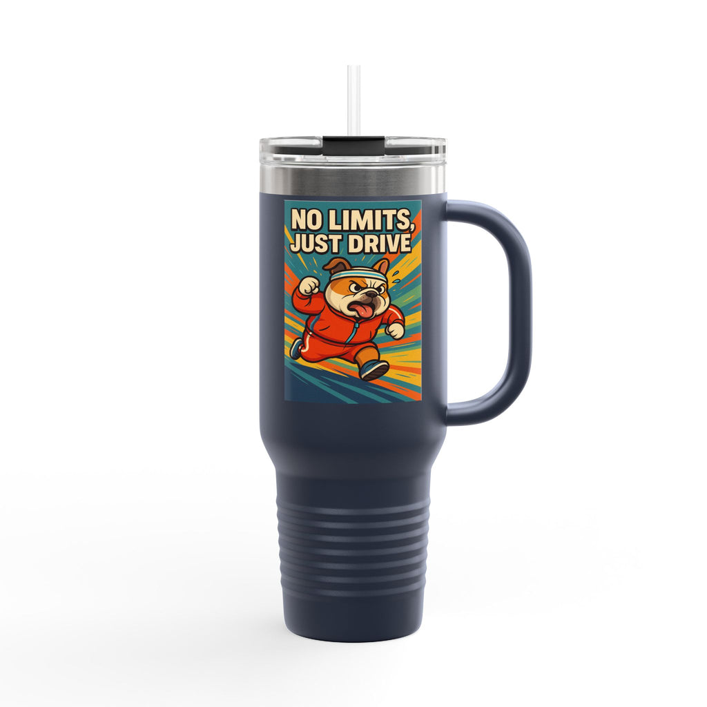 Adventure-Ready English Bulldog Insulated Travel Mug-Perfect for Travel, Outdoor Activities, Motivational Gift, No Limits Just Drive Design