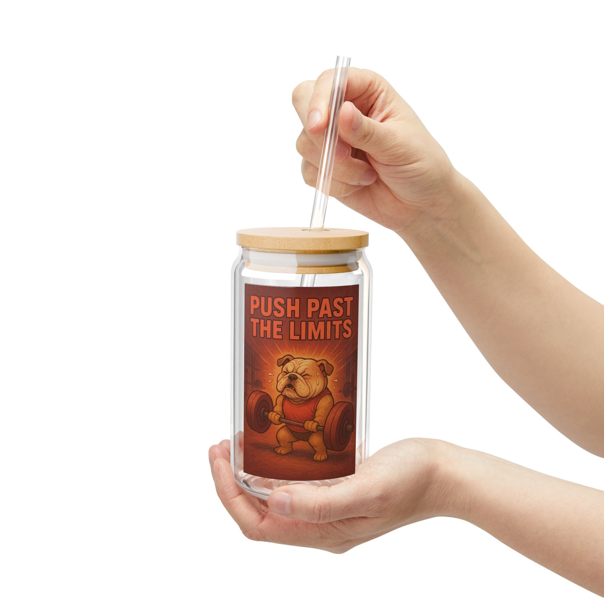 Sipper Glass - Motivational 'Push Past The Limits' Bulldog Weightlifting Design, 16oz