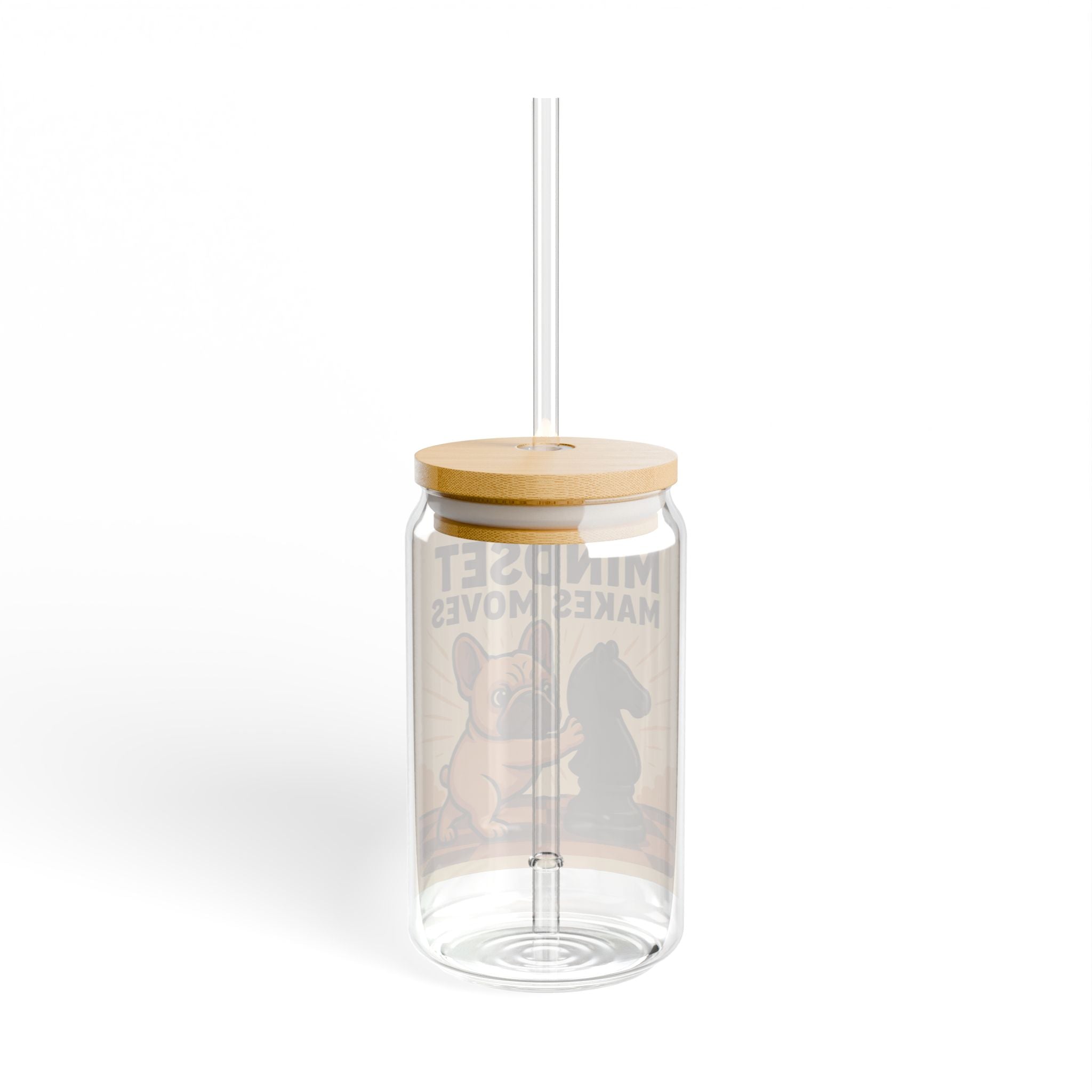 Mindset Makes Moves Sipper Glass – 16oz Motivational Chess Pug Drink Jar
