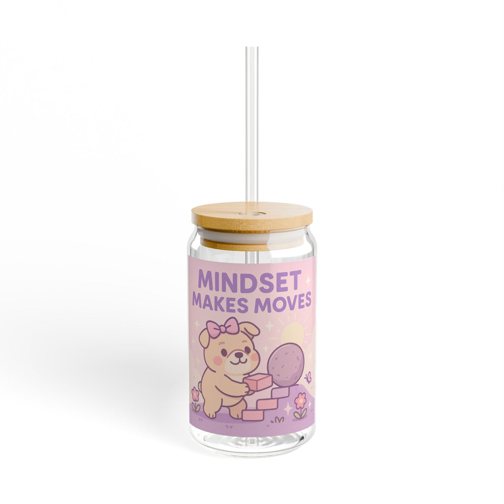 Mindset Makes Moves Glass Sipper  16oz Cute Motivational Drink Jar