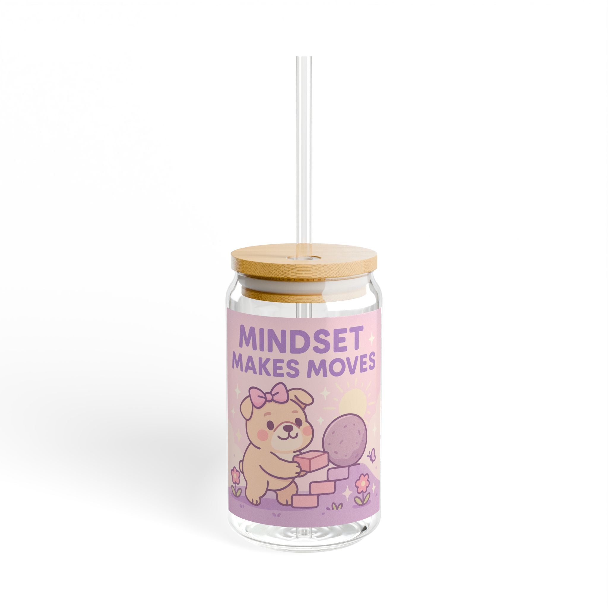 Mindset Makes Moves Glass Sipper  16oz Cute Motivational Drink Jar