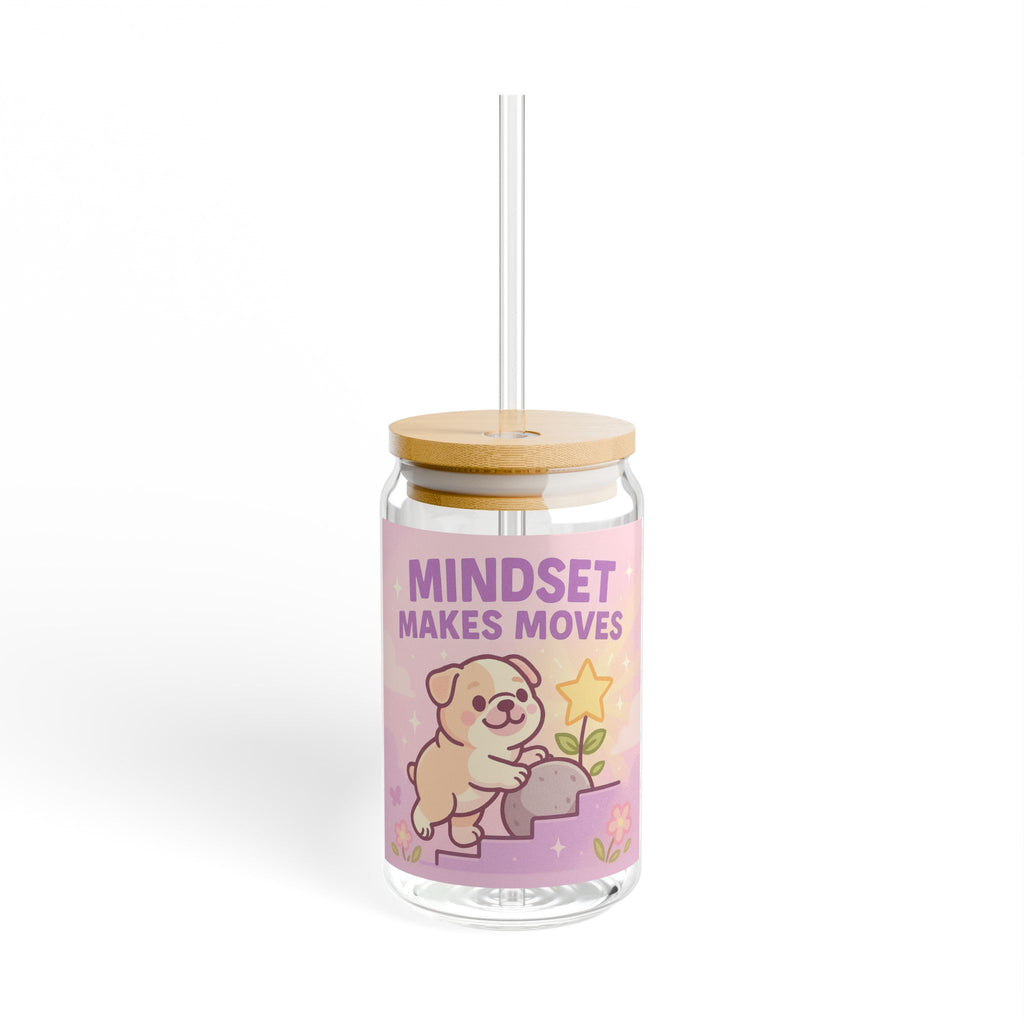 Motivational Sipper Glass “Mindset Makes Moves” Cute Puppy 16oz