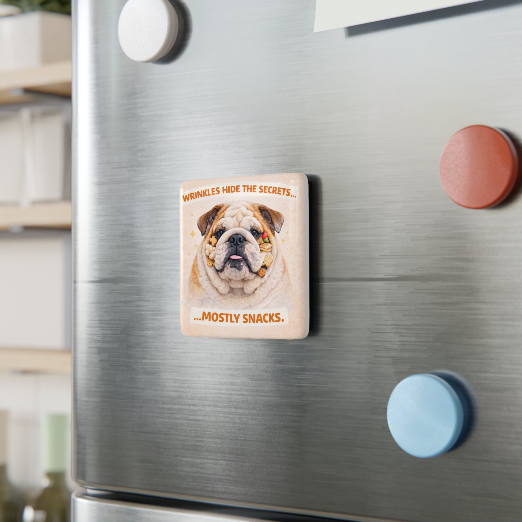 Wrinkled Bulldog Face Porcelain Magnet, Square | Funny Snack Quote