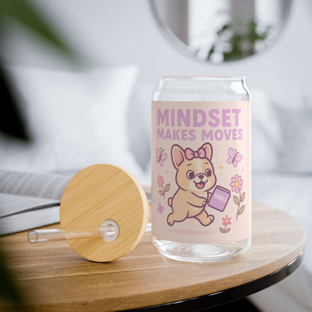 Mindset Makes Moves Glass Sipper  16oz Cute Motivational Drink Jar