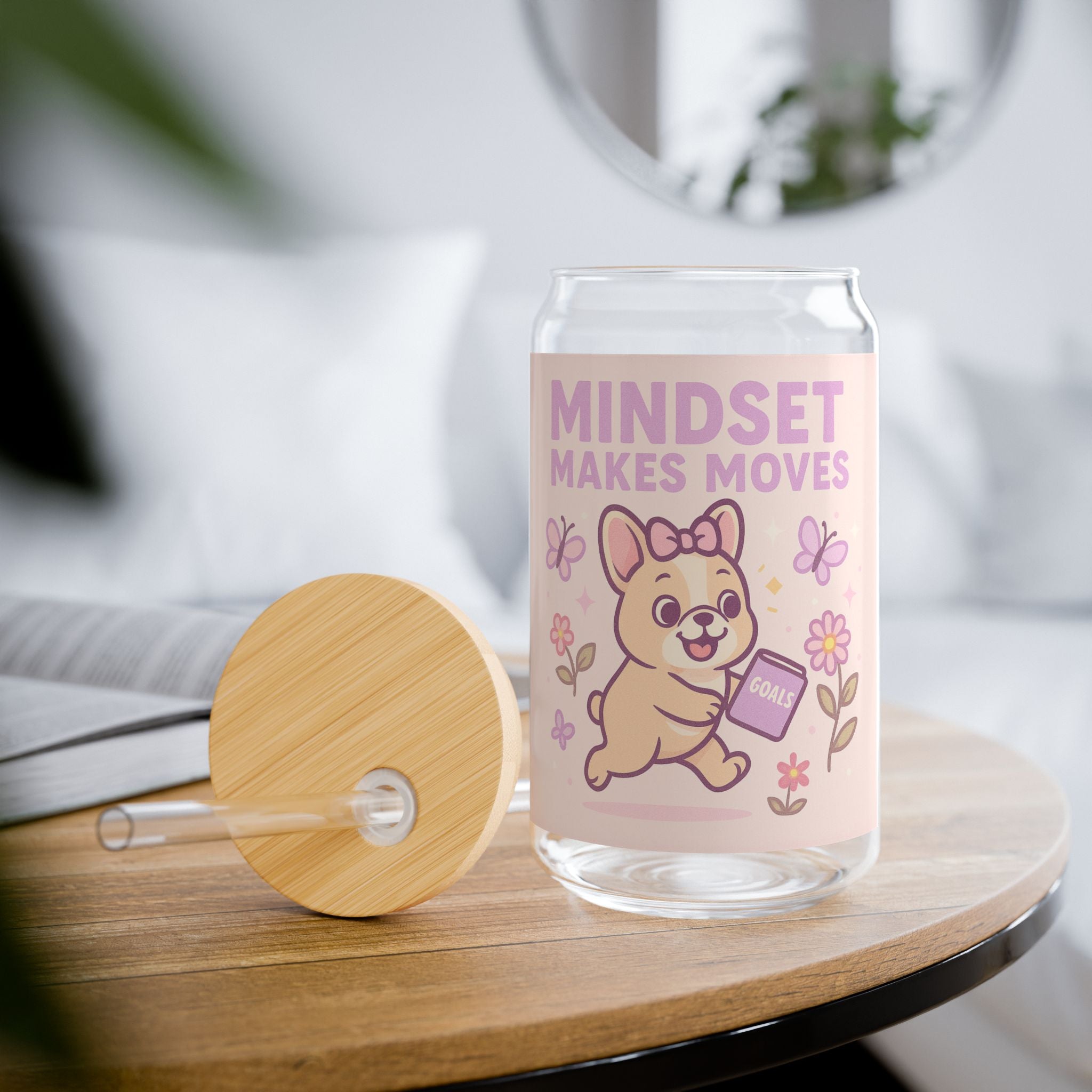 Mindset Makes Moves Glass Sipper  16oz Cute Motivational Drink Jar