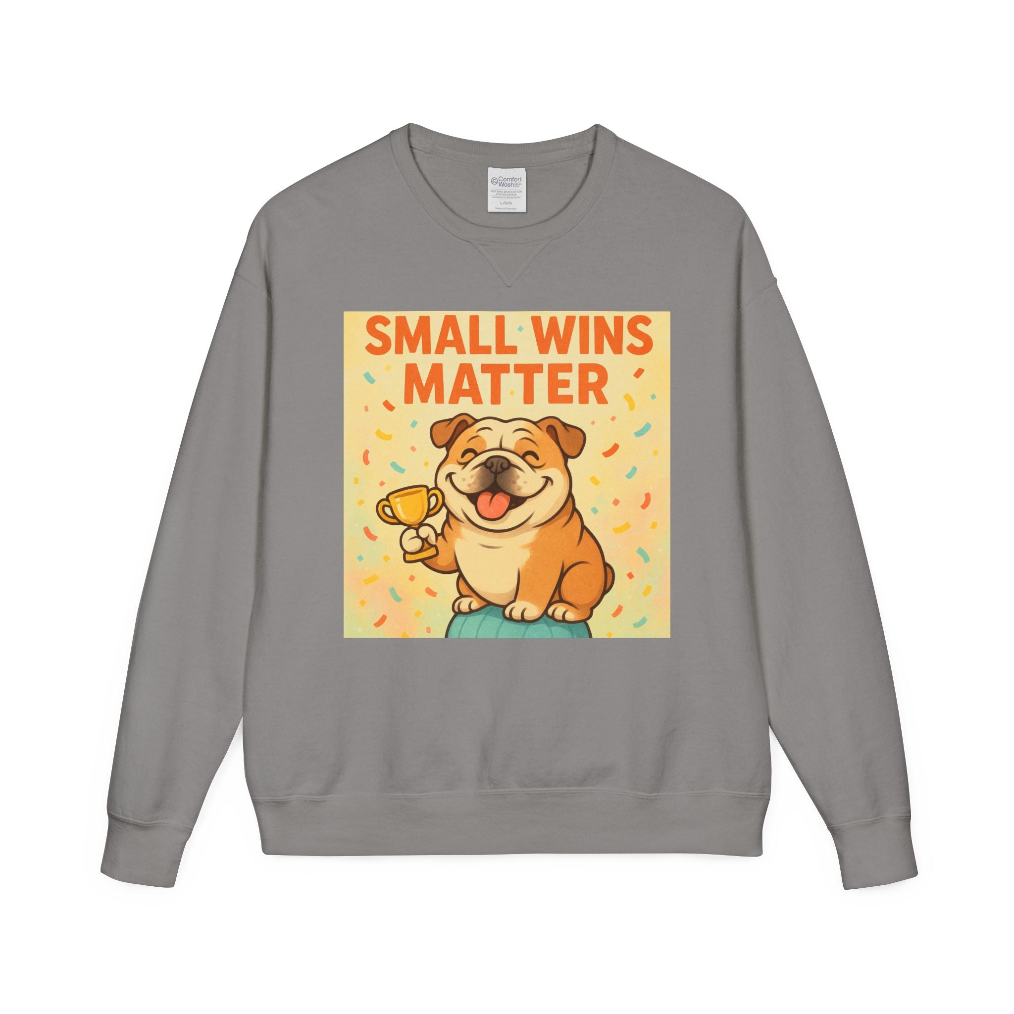 Celebrate Small Wins Sweatshirt, Cozy Crewneck Top for English Bulldog Lovers, Inspirational, Motivational Apparel, Ideal for Casual Days