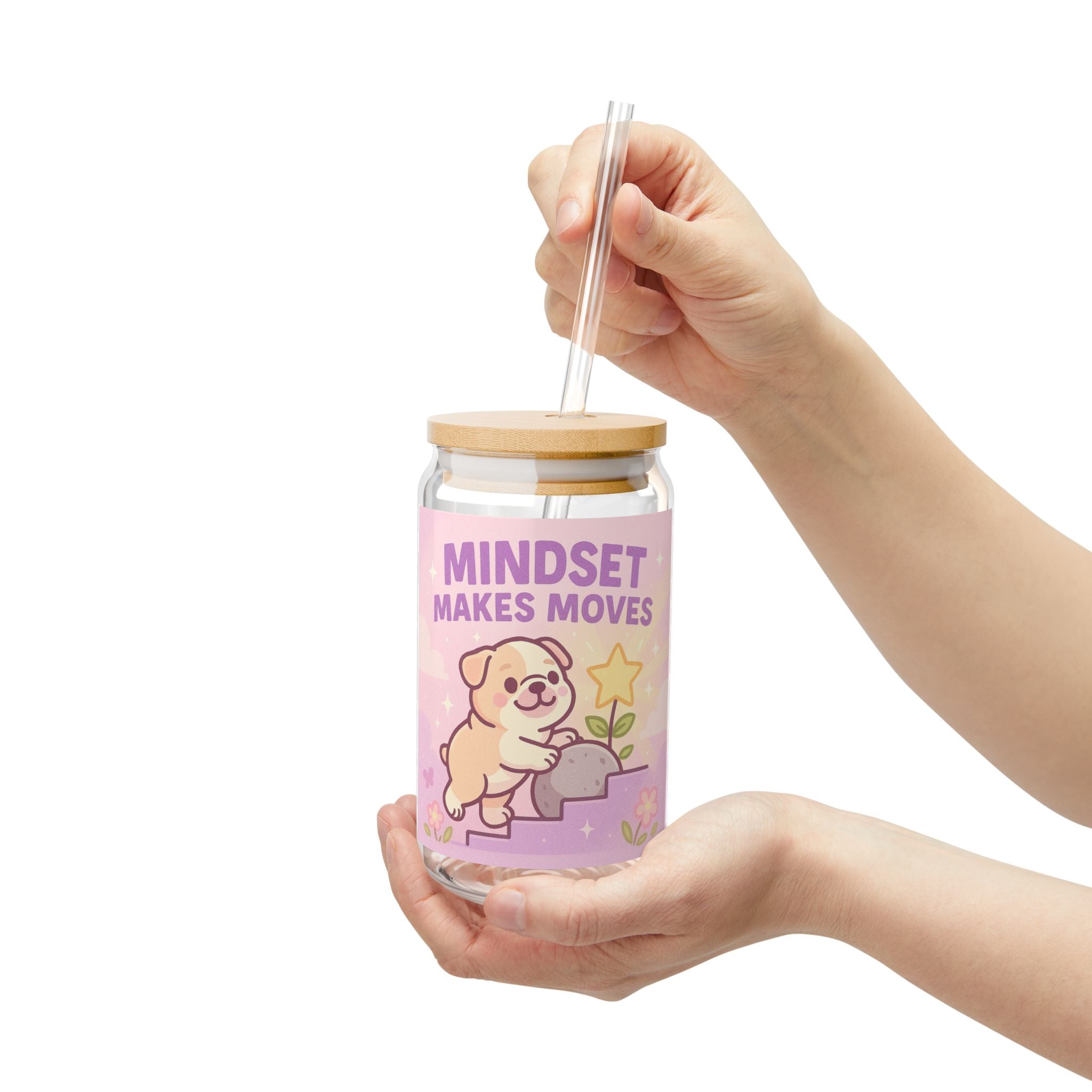 Motivational Sipper Glass “Mindset Makes Moves” Cute Puppy 16oz