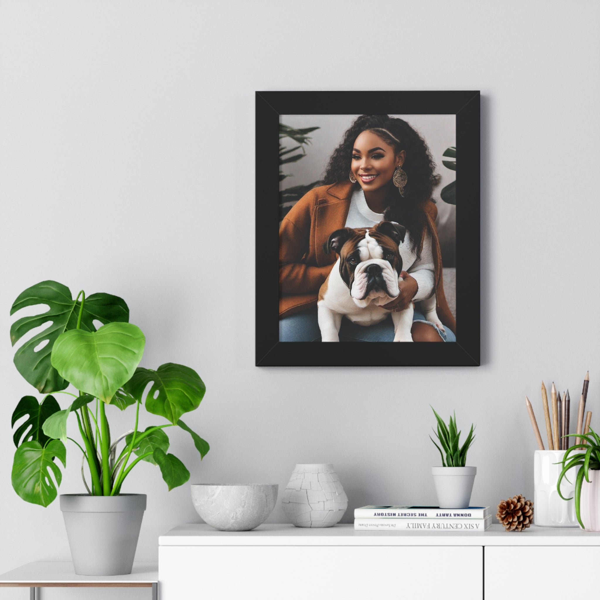 English Bulldog With His Beautiful Owner, Couch Potato, Cute Bulldog, Bulldog Lover, Framed Vertical Poster