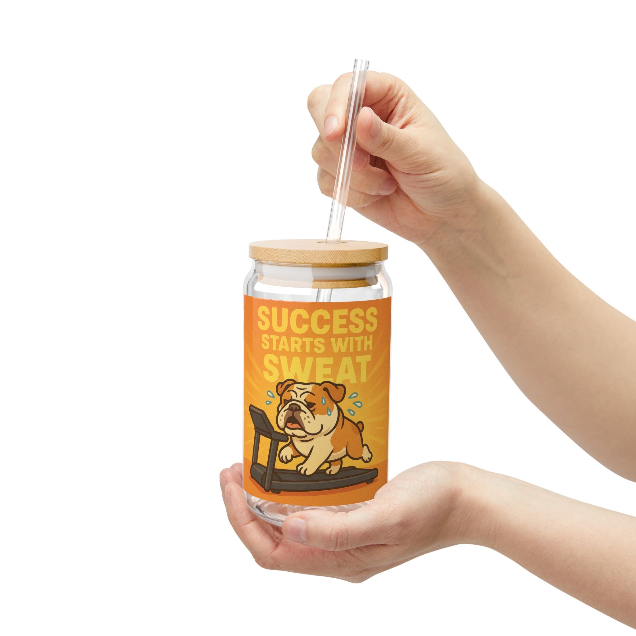 Sipper Glass “Success Starts With Sweat” Bulldog Fitness Drink Jar