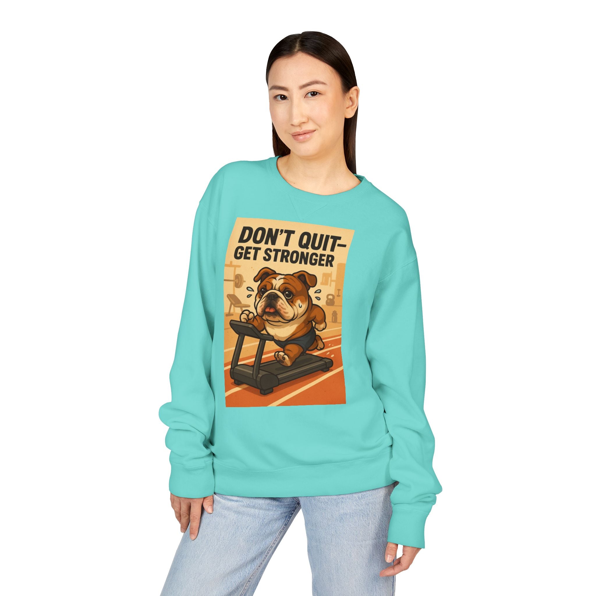 Bulldog Motivational Sweatshirt | Unisex Gym Crewneck, Fitness Gift, Workout Apparel, Don't Quit Get Stronger, Cozy Casual Wear
