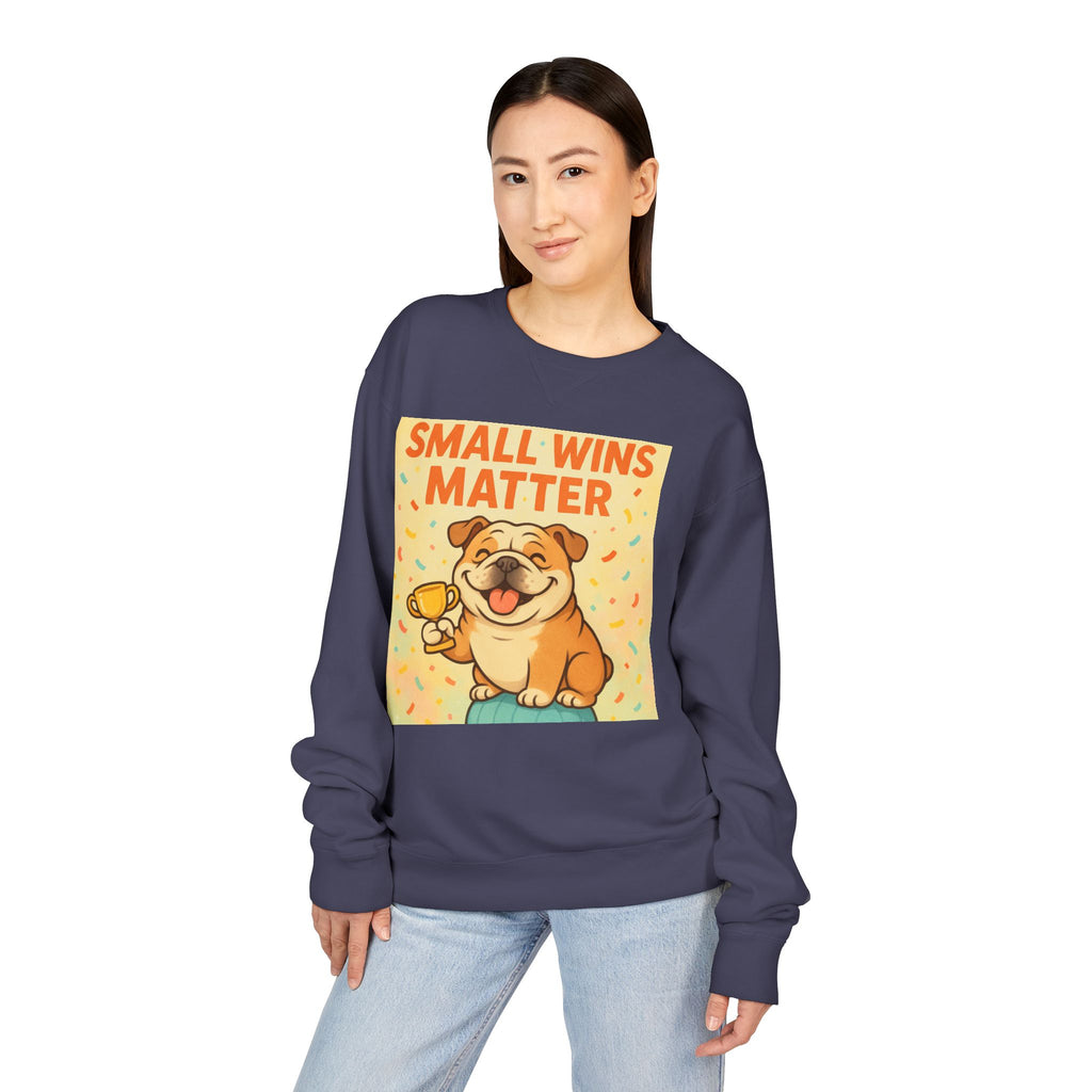 Celebrate Small Wins Sweatshirt, Cozy Crewneck Top for English Bulldog Lovers, Inspirational, Motivational Apparel, Ideal for Casual Days