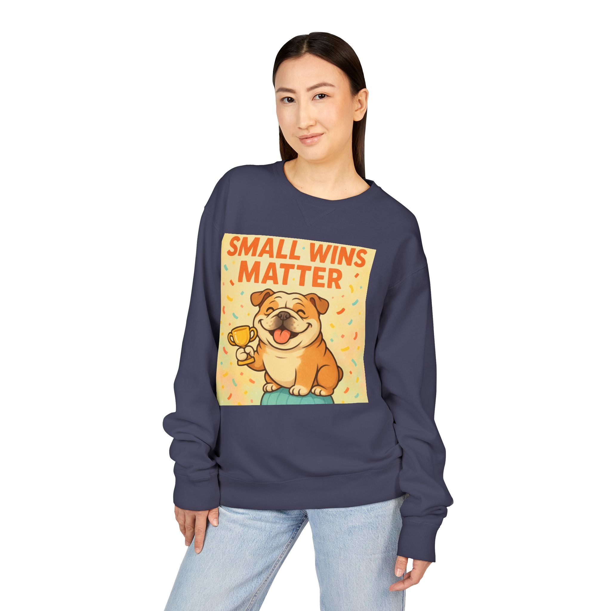 Celebrate Small Wins Sweatshirt, Cozy Crewneck Top for English Bulldog Lovers, Inspirational, Motivational Apparel, Ideal for Casual Days