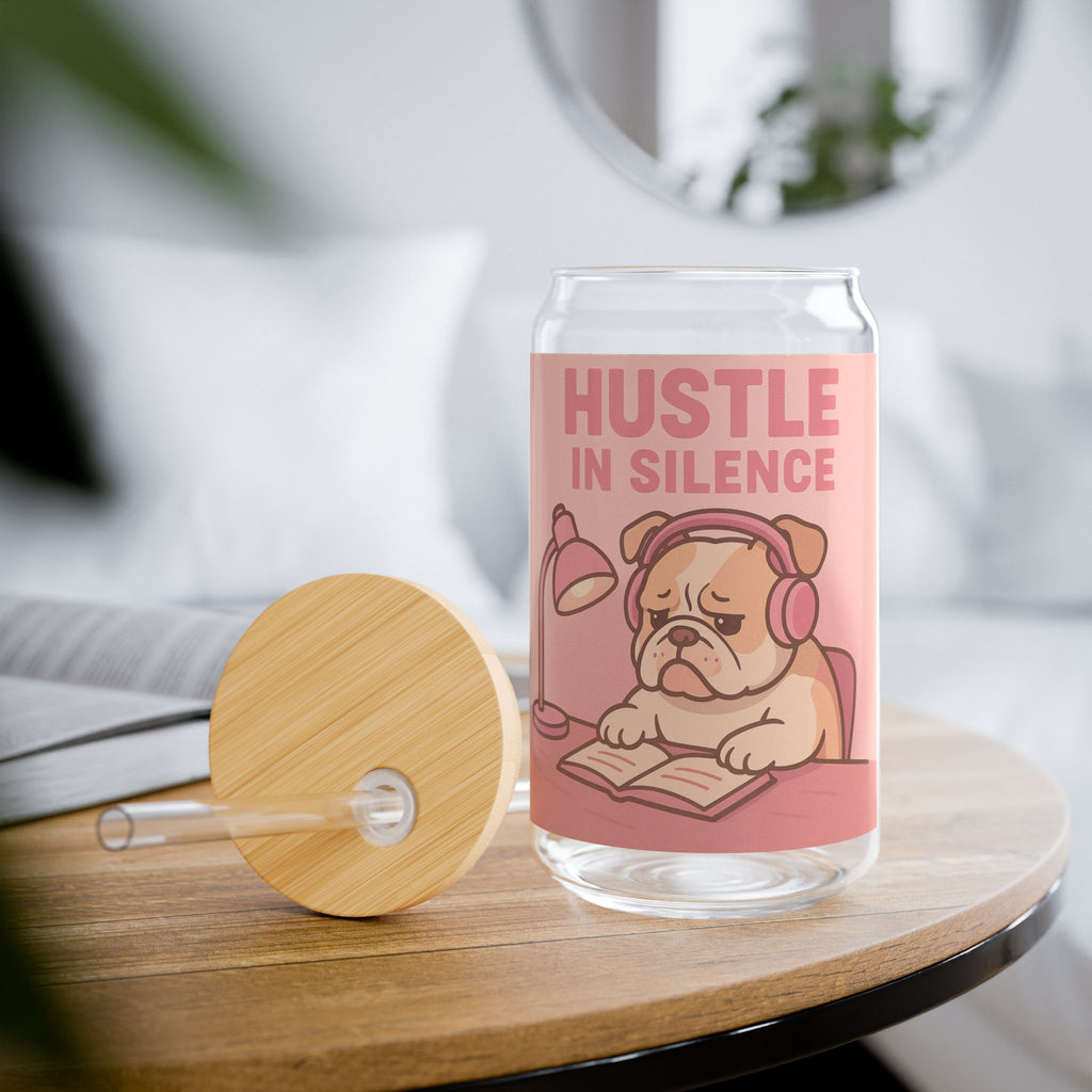 Hustle In Silence 16oz Glass Sipper – Cute Pug Study Motivation Tumbler