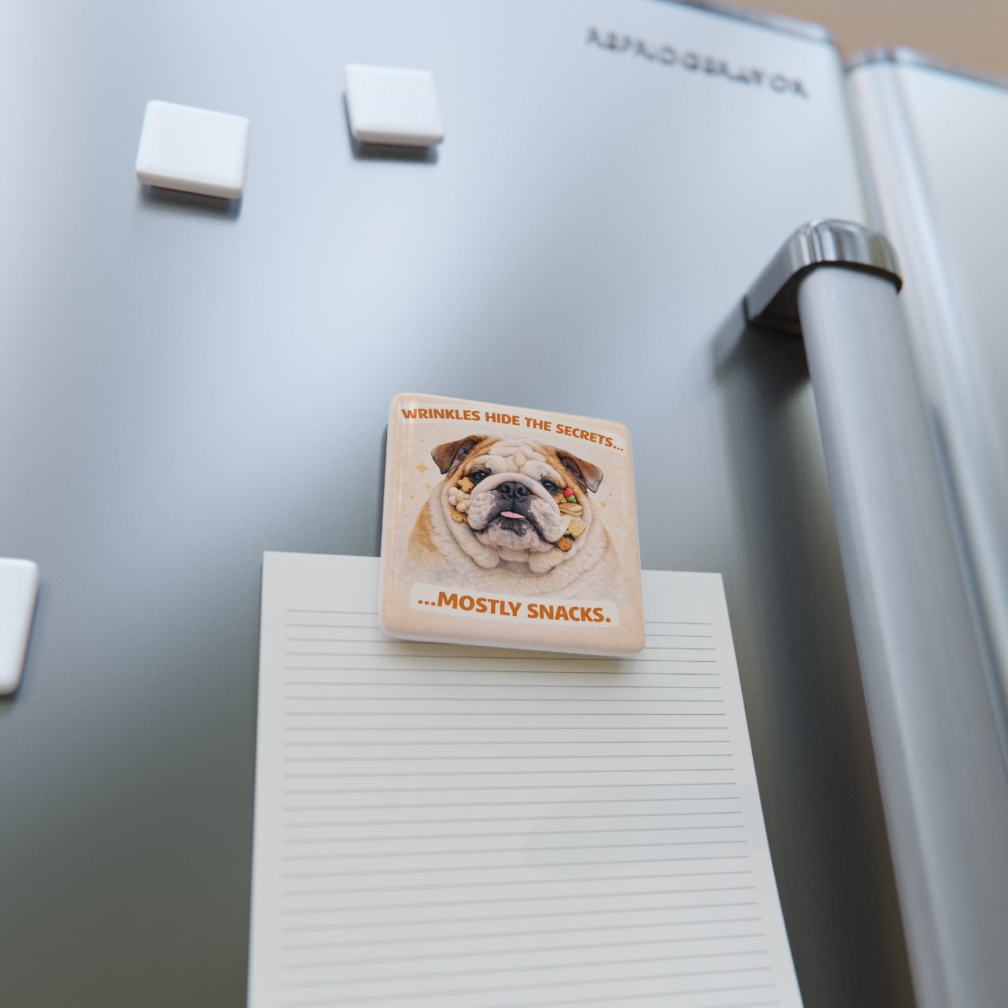 Wrinkled Bulldog Face Porcelain Magnet, Square | Funny Snack Quote