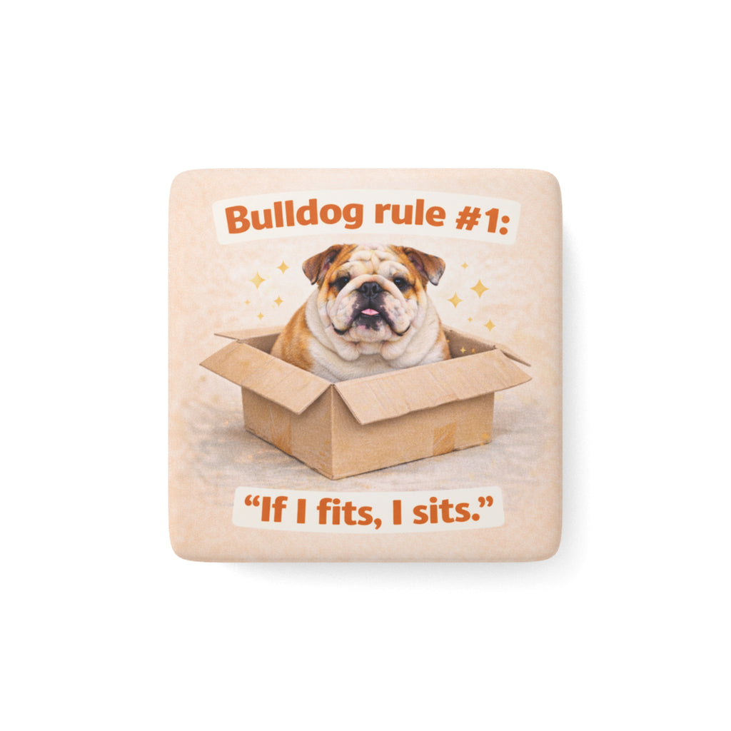 Bulldog in Box Magnet | Porcelain Square Bulldog Rule If I Fits I Sits