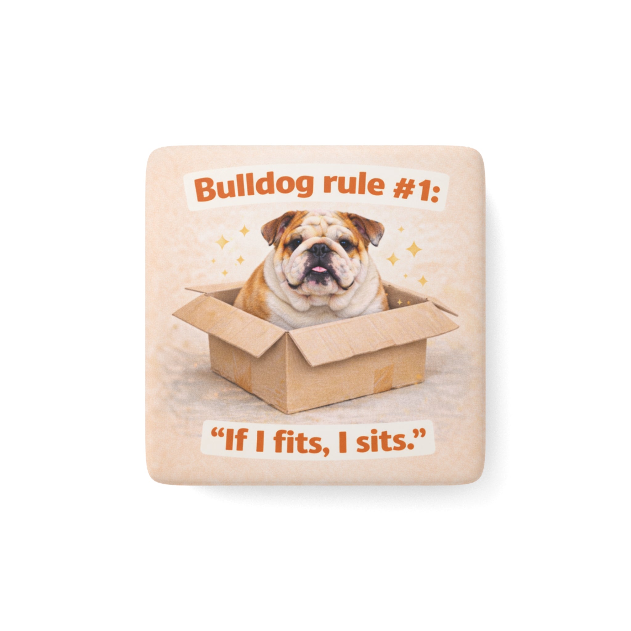 Bulldog in Box Magnet | Porcelain Square Bulldog Rule If I Fits I Sits