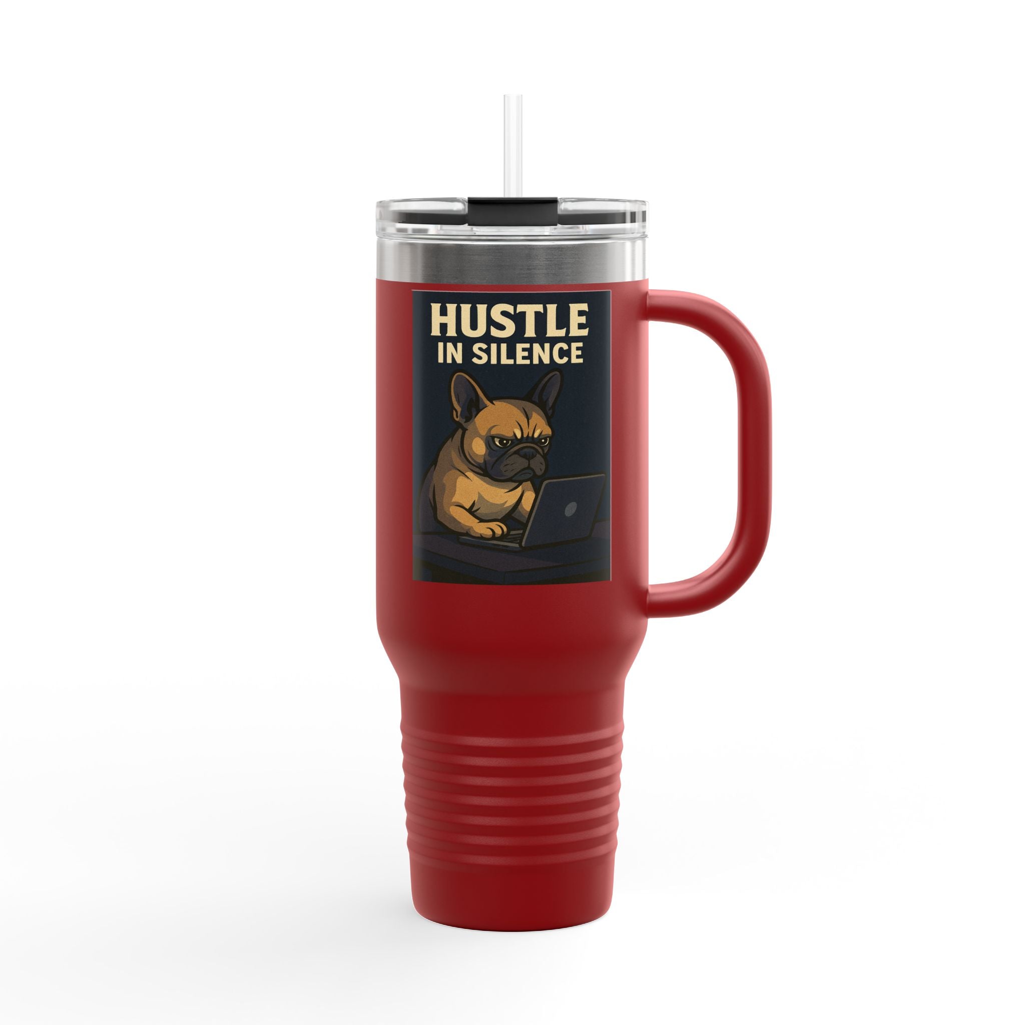 Hustle in Silence Insulated Travel Mug, 40oz - Bulldog Coffee Traveler, Dog Lover Gift,Office Mug, Inspirational Water Bottle, Motivational
