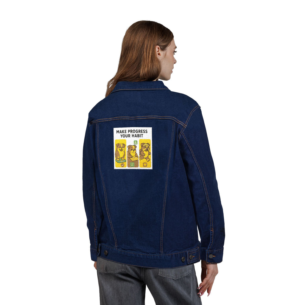 Unisex Embroidered Make Progress Your Habit Denim Jacket - Casual Streetwear, Gift for Friends, Customized Outerwear, Unique Fashion Piece, Ideal for Parties