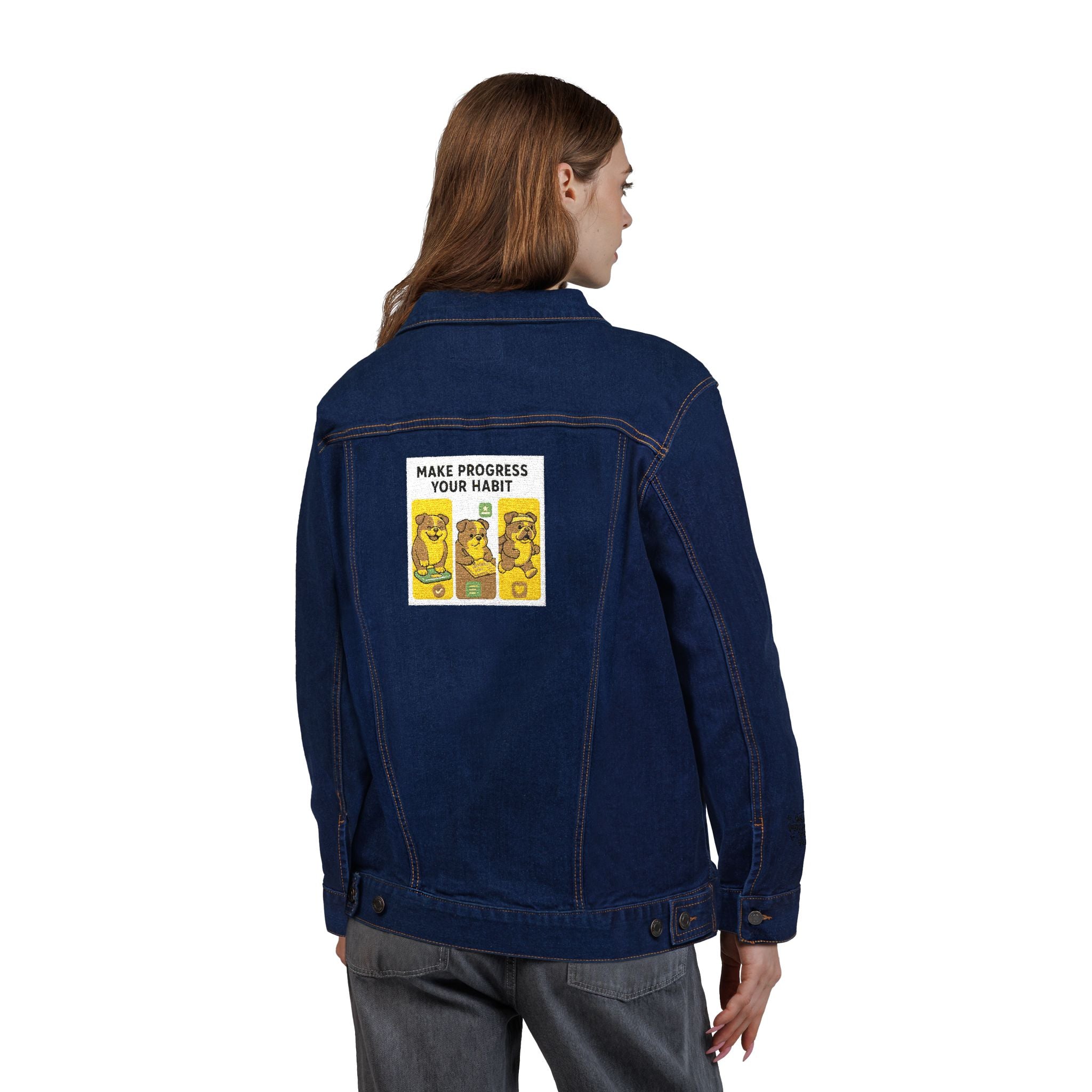 Unisex Embroidered Make Progress Your Habit Denim Jacket - Casual Streetwear, Gift for Friends, Customized Outerwear, Unique Fashion Piece, Ideal for Parties