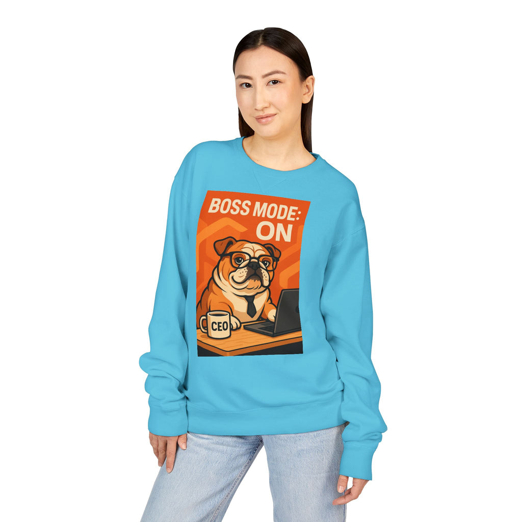 Funny English Bulldog Sweatshirt, Boss Mode Crewneck, Pet Lover Gift, Casual Wear, Unisex Sweater, Dog-Themed Apparel