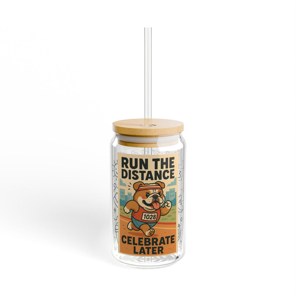 Fun Run The Distance Motivational Sipper Glass, 16oz Drink Container, Workout Hydration, Gift for Runners, Unique Sports Mug