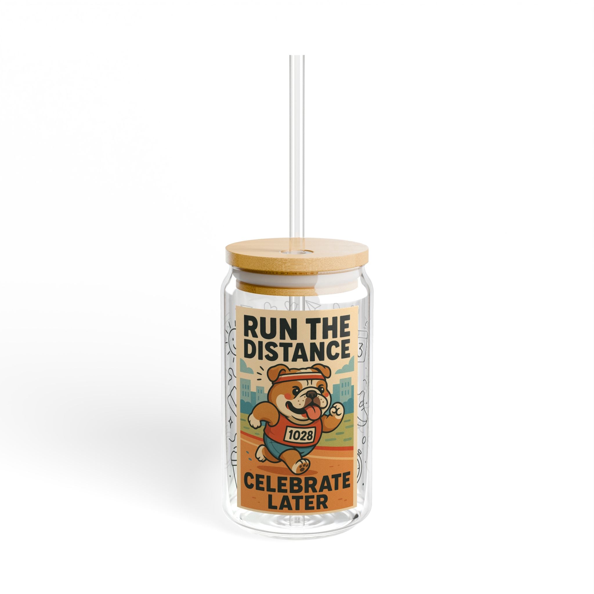 Fun Run The Distance Motivational Sipper Glass, 16oz Drink Container, Workout Hydration, Gift for Runners, Unique Sports Mug
