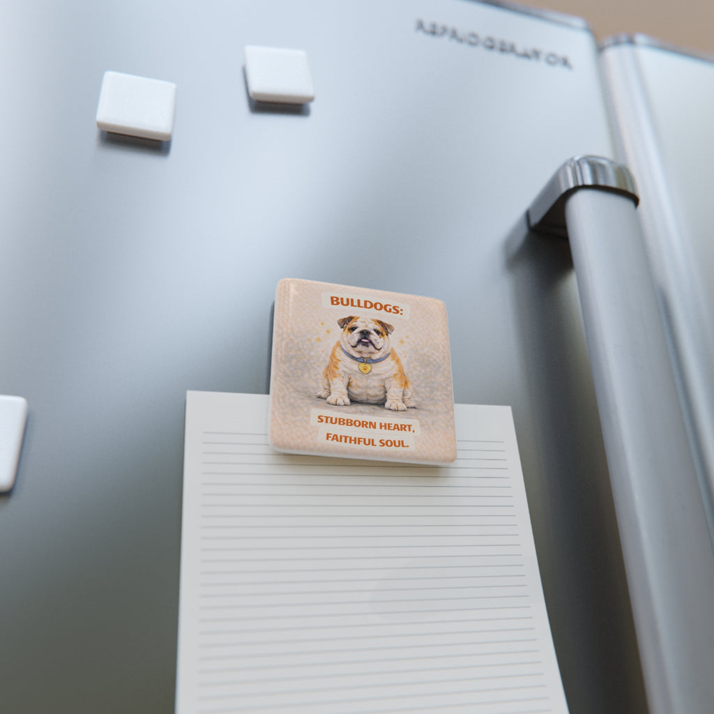 Bulldog Illustration Square Porcelain Magnet | Stubborn Heart Faithful Soul