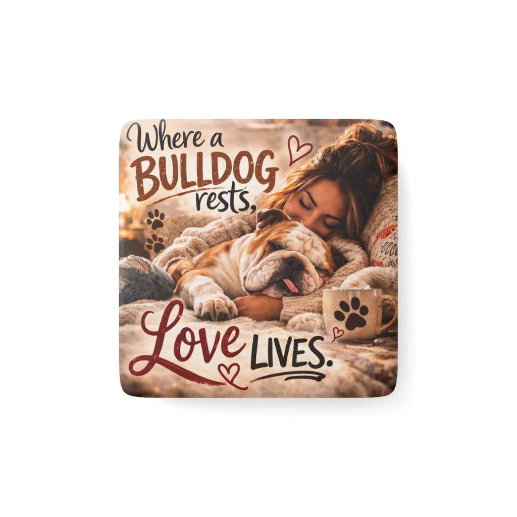 Where a Bulldog Rests Love Lives Porcelain Magnet