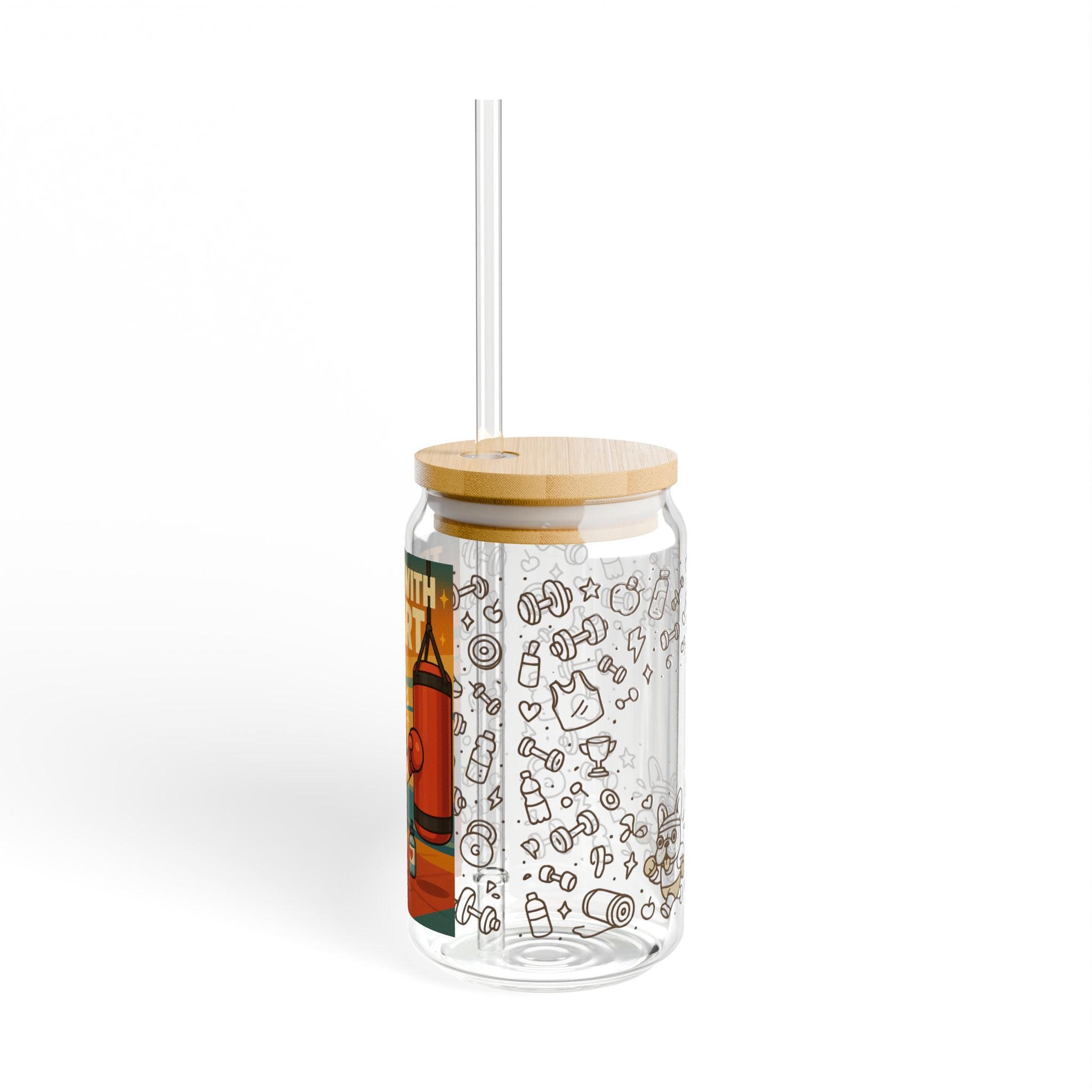 Motivational Frenchie Train W/ Heart Sipper Glass, Cartoon Straw Cup, Exercise Gift, Eco-Friendly Trainer Mug, Fitness Water Bottle