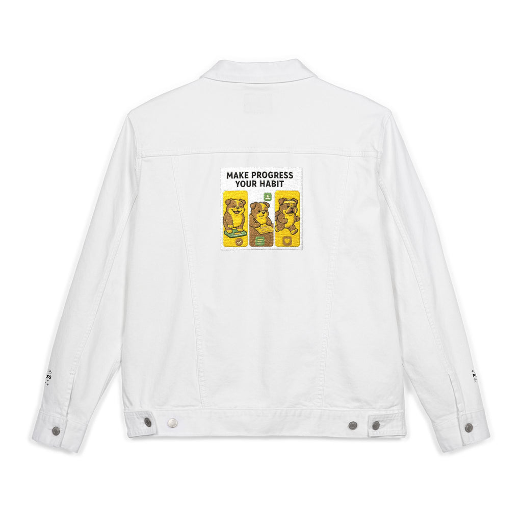 Unisex Embroidered Make Progress Your Habit Denim Jacket - Casual Streetwear, Gift for Friends, Customized Outerwear, Unique Fashion Piece, Ideal for Parties