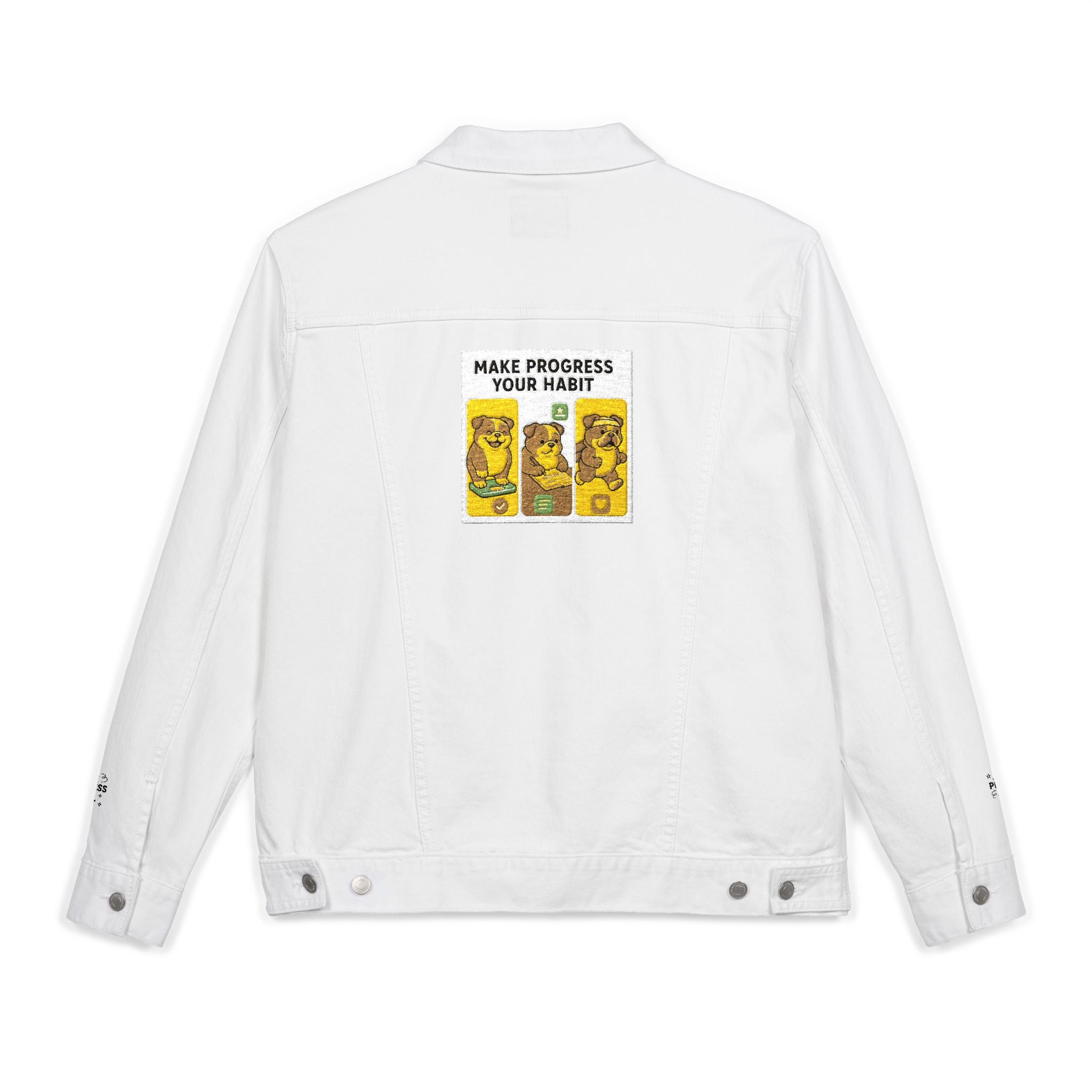 Unisex Embroidered Make Progress Your Habit Denim Jacket - Casual Streetwear, Gift for Friends, Customized Outerwear, Unique Fashion Piece, Ideal for Parties