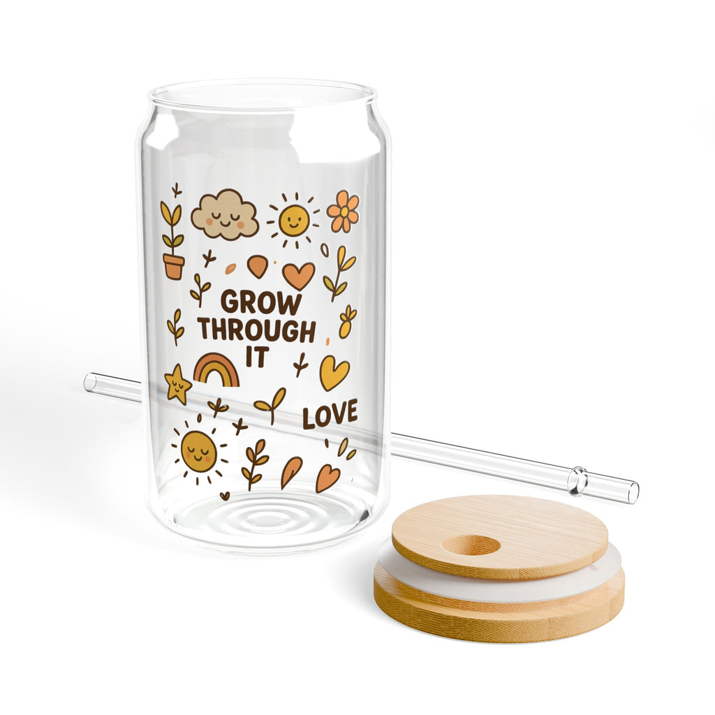 Grow Through It 16oz Glass Sipper with Bamboo Lid & Straw Inspirational Floral Drink Cup