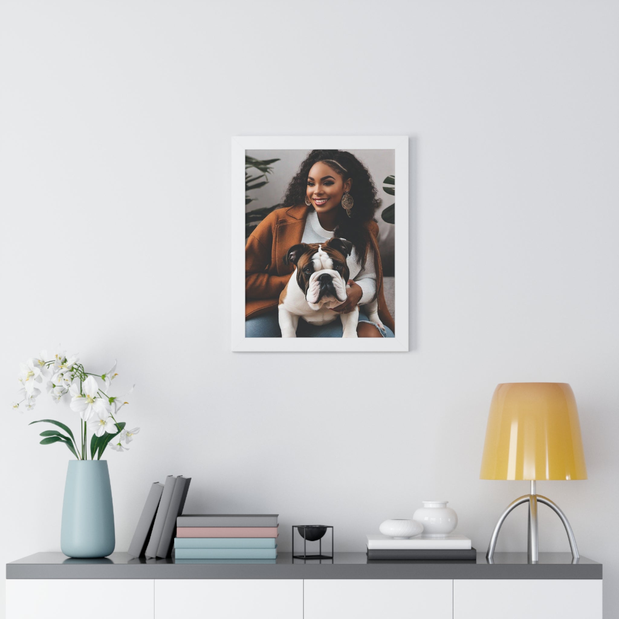 English Bulldog With His Beautiful Owner, Couch Potato, Cute Bulldog, Bulldog Lover, Framed Vertical Poster