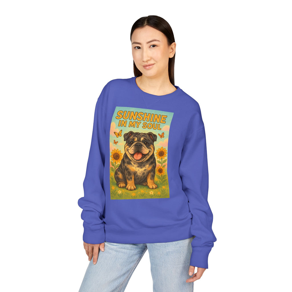 Sunshine in My Soul Sweatshirt, Cozy Unisex Crewneck, English Bulldog Lover Gift, Cute Pet Apparel, Vintage Floral Sweatshirt