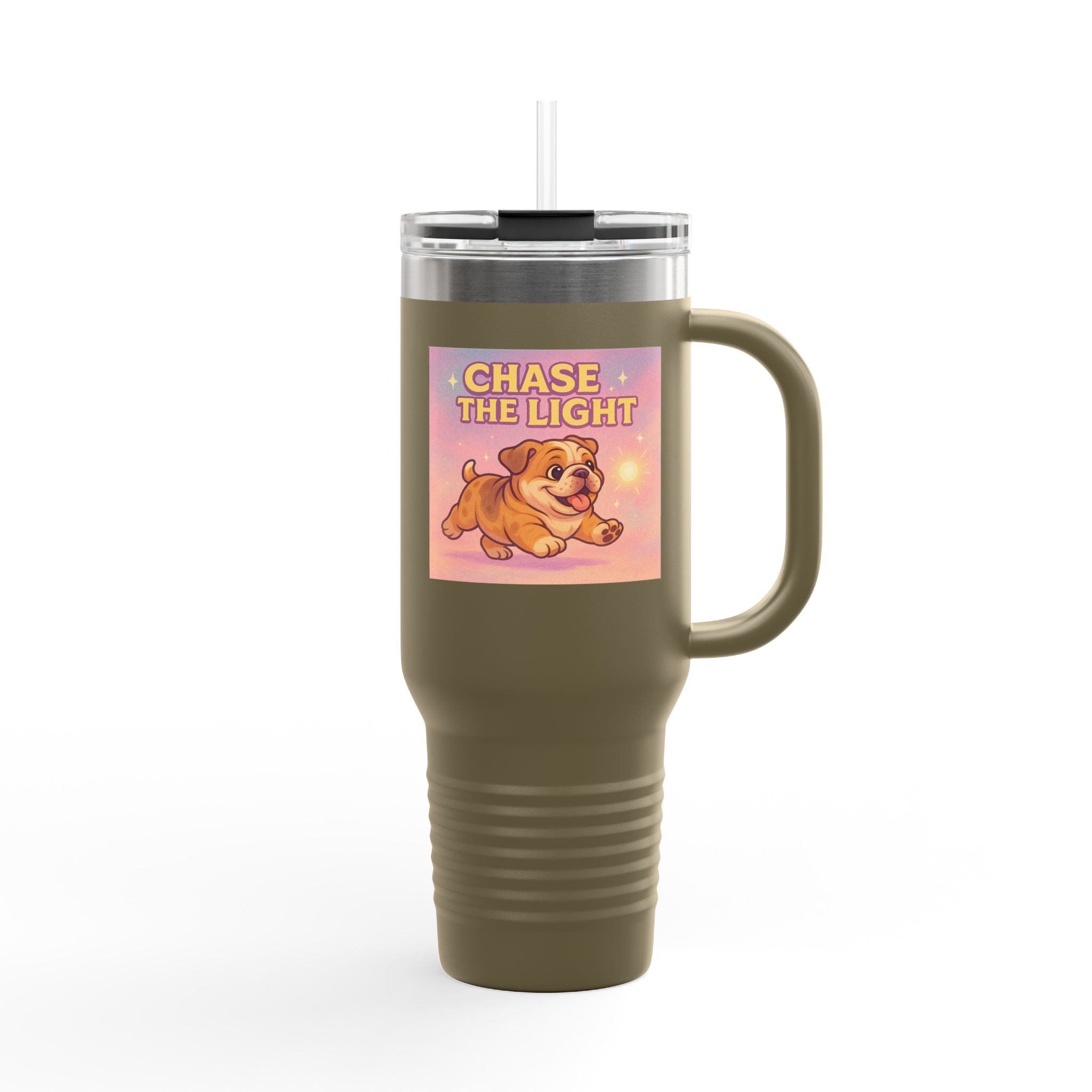 Chase the Light Insulated Travel Mug, 40oz, Cute Dog Mug, Motivational Mug, Pet Lover Gift, Travel Coffee Cup, Outdoor Adventure