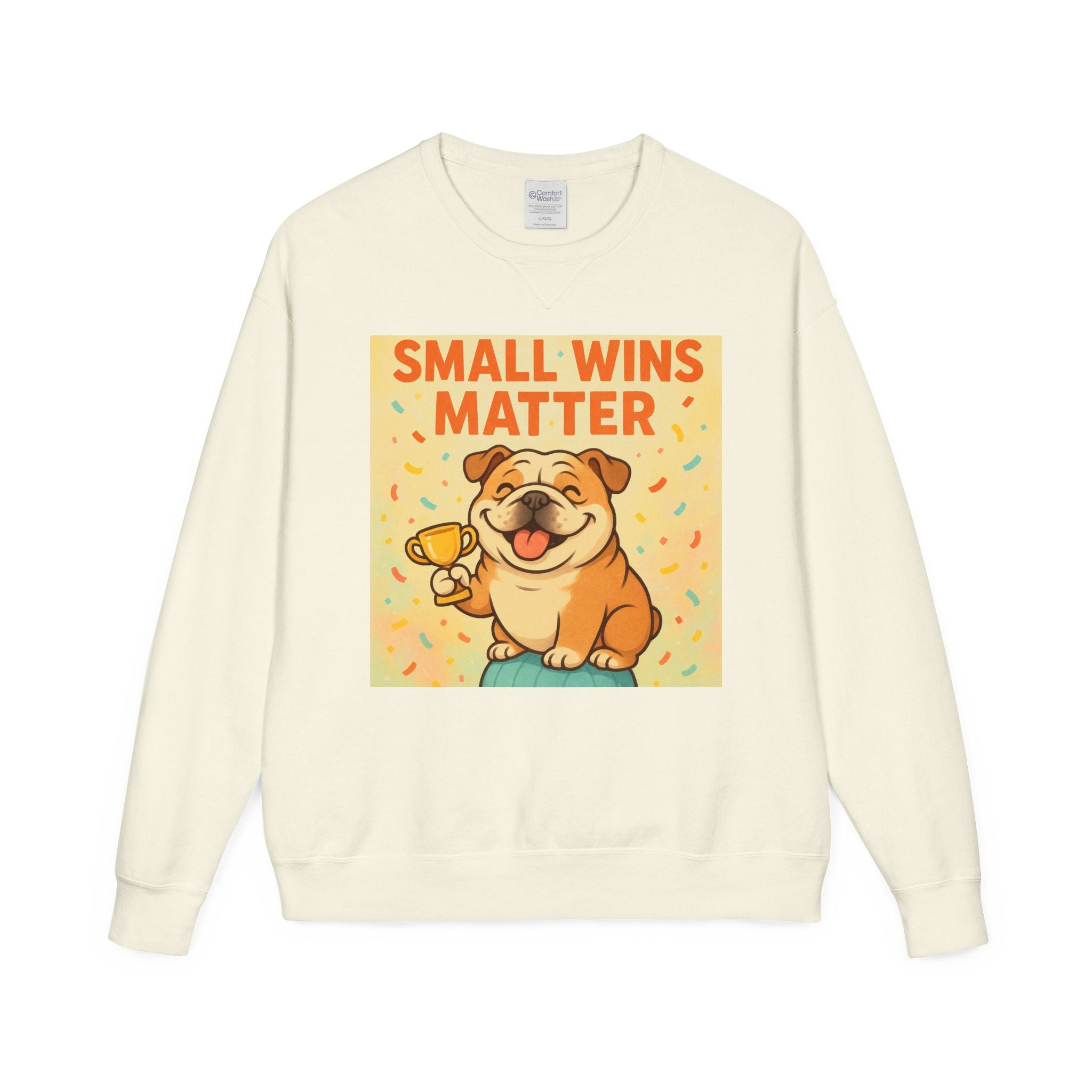 Celebrate Small Wins Sweatshirt, Cozy Crewneck Top for English Bulldog Lovers, Inspirational, Motivational Apparel, Ideal for Casual Days