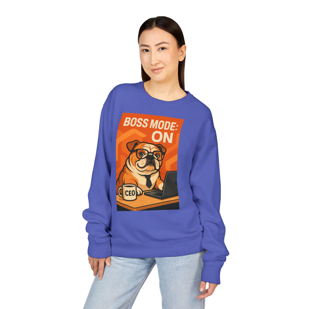 Funny English Bulldog Sweatshirt, Boss Mode Crewneck, Pet Lover Gift, Casual Wear, Unisex Sweater, Dog-Themed Apparel