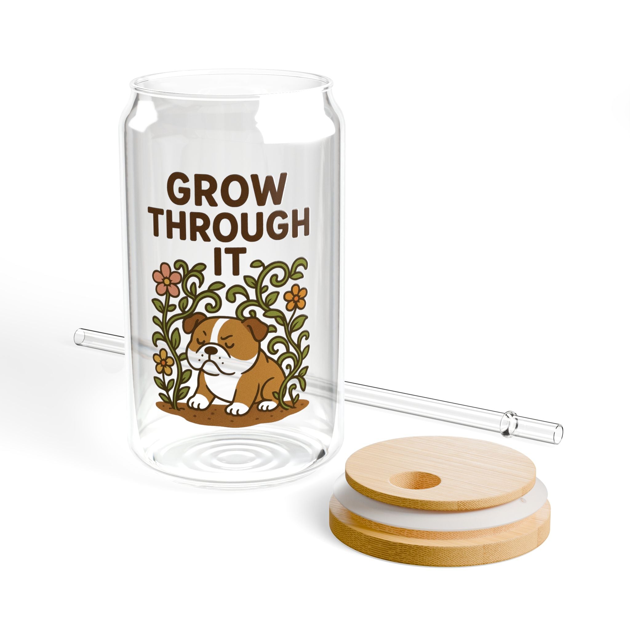 16oz Sipper Glass — "Grow Through It" Floral Design Canister with Straw