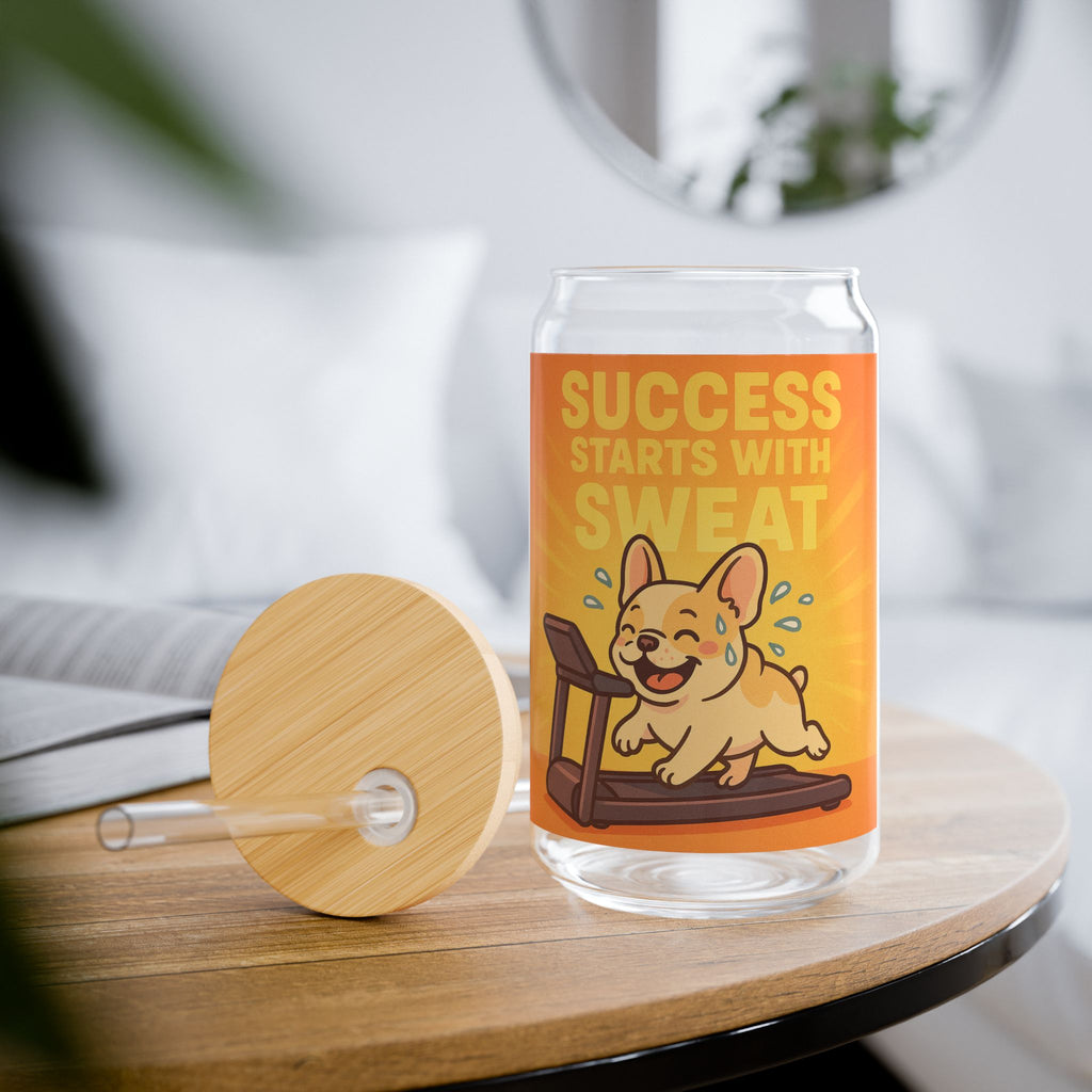 Sipper Glass "Success Starts With Sweat" Funny Corgi Treadmill 16oz Drink Jar