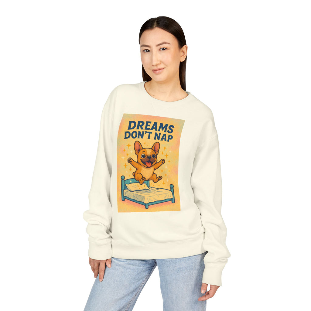Dreams Don't Nap Sweatshirt, Cozy Crewneck, English Bulldog Lover Gift, Cute Sweatshirt, Fun Loungewear, Birthday Gift, Relaxing Homewear