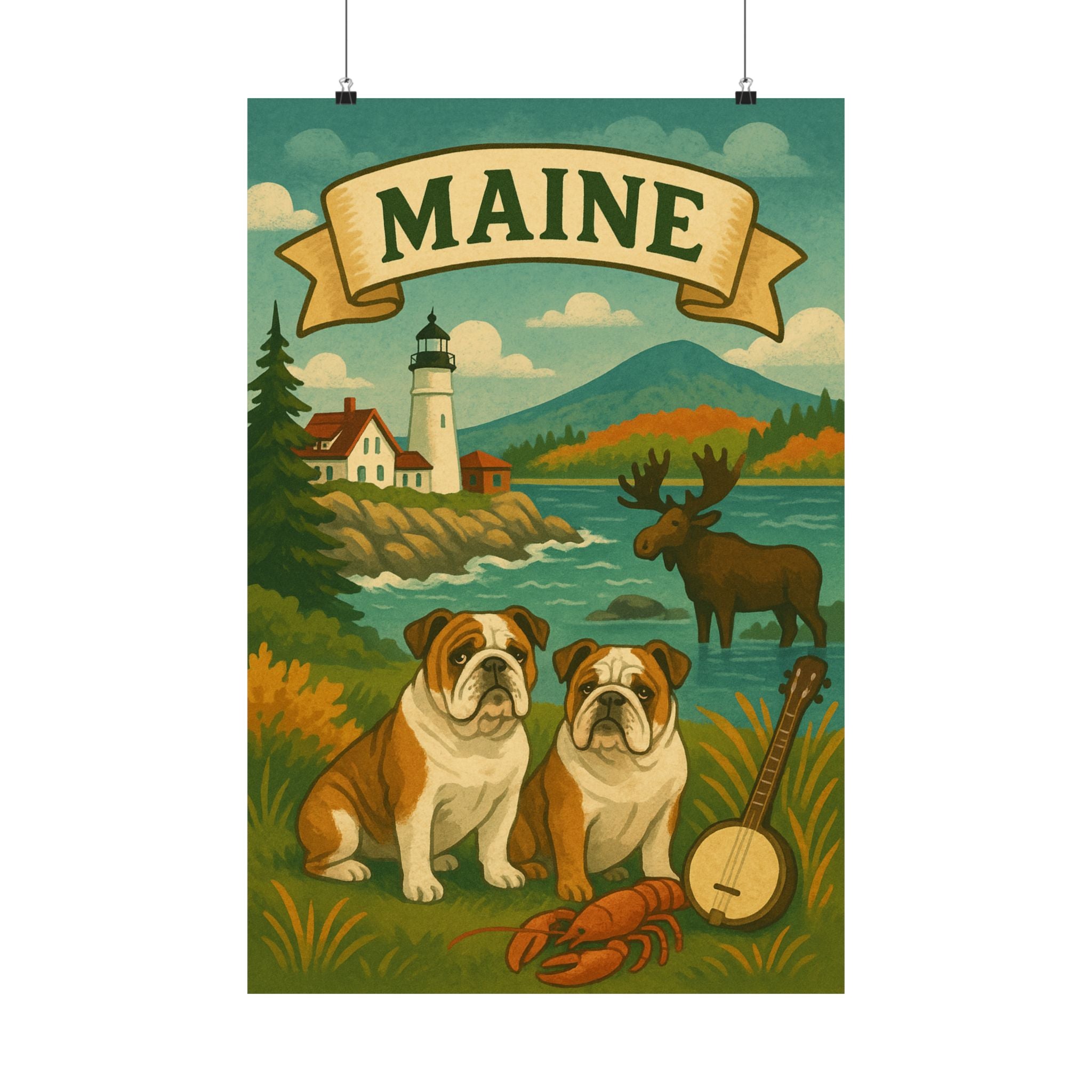 Maine Vintage Bulldog Poster, Home Decor, Wall Art, Gift for Pet Lovers, Retro Nature Art, Maine Souvenir