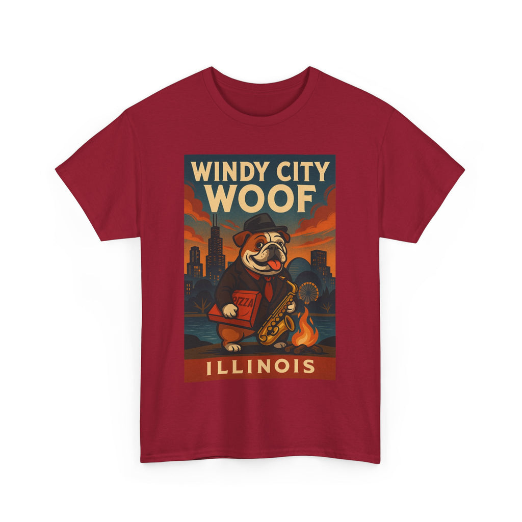 Windy City Woof Unisex Heavy Cotton Tee Fun Chicago Dog Graphic TShirt