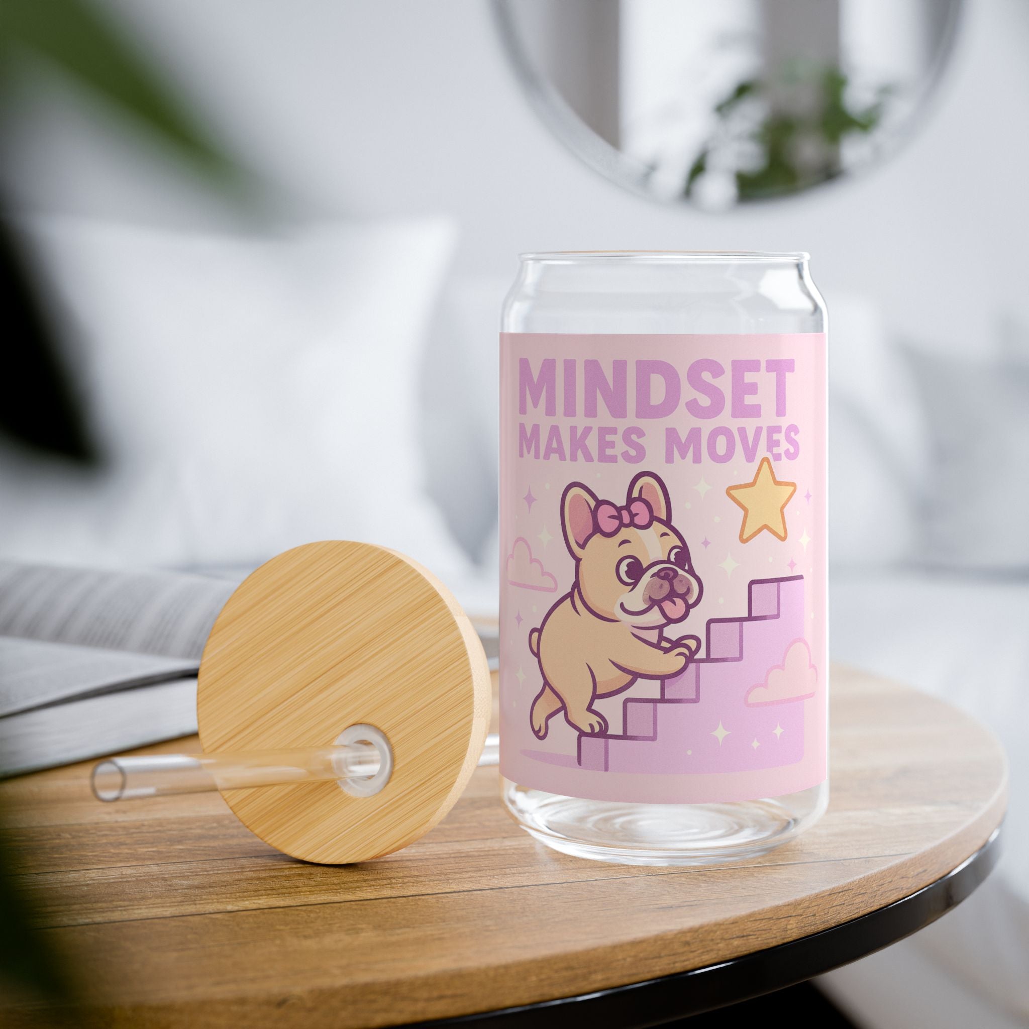 Mindset Makes Moves Sipper Glass 16oz Motivational Cute Dog Drink Jar