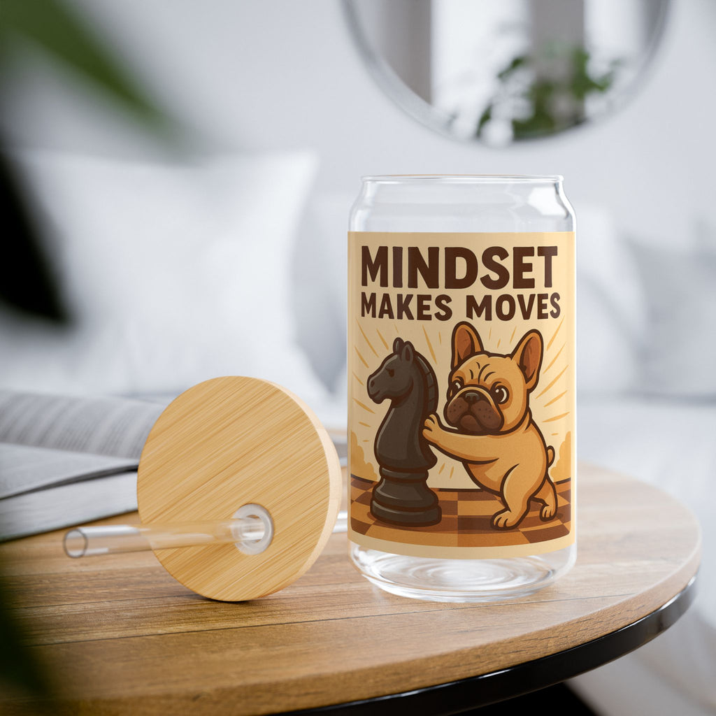 Mindset Makes Moves Sipper Glass – 16oz Motivational Chess Pug Drink Jar