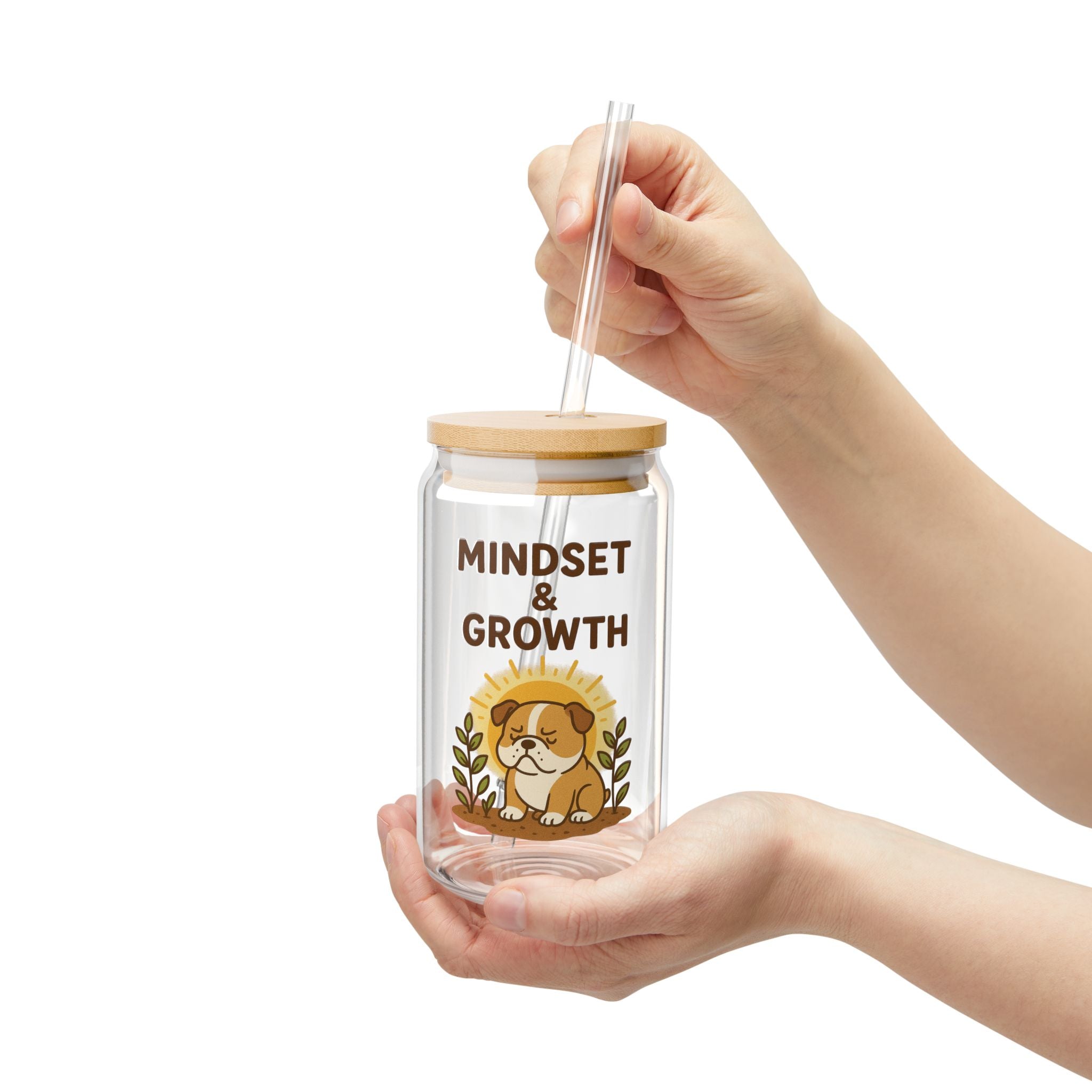 Mindset & Growth 16oz Sipper Glass - Cute Corgi Motivational Tumbler with Straw